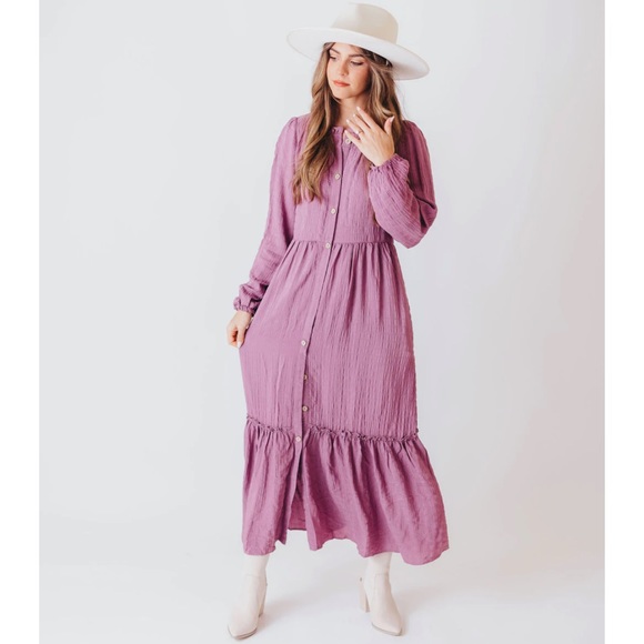 Listicle | Embossed Textured Button Down Maxi Dress in Plum - Picture 2 of 9